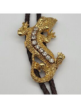 Vintage Southwest Western Bolo Tie Bolero Rhinestone Lizard Figural Rodeo